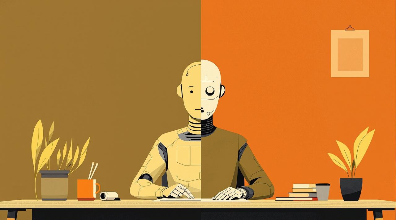 白领失业潮真的来了吗?AI替代人类工作的2026真实图景 AI替代工作 - 一半人类一半机器人的办公桌概念图